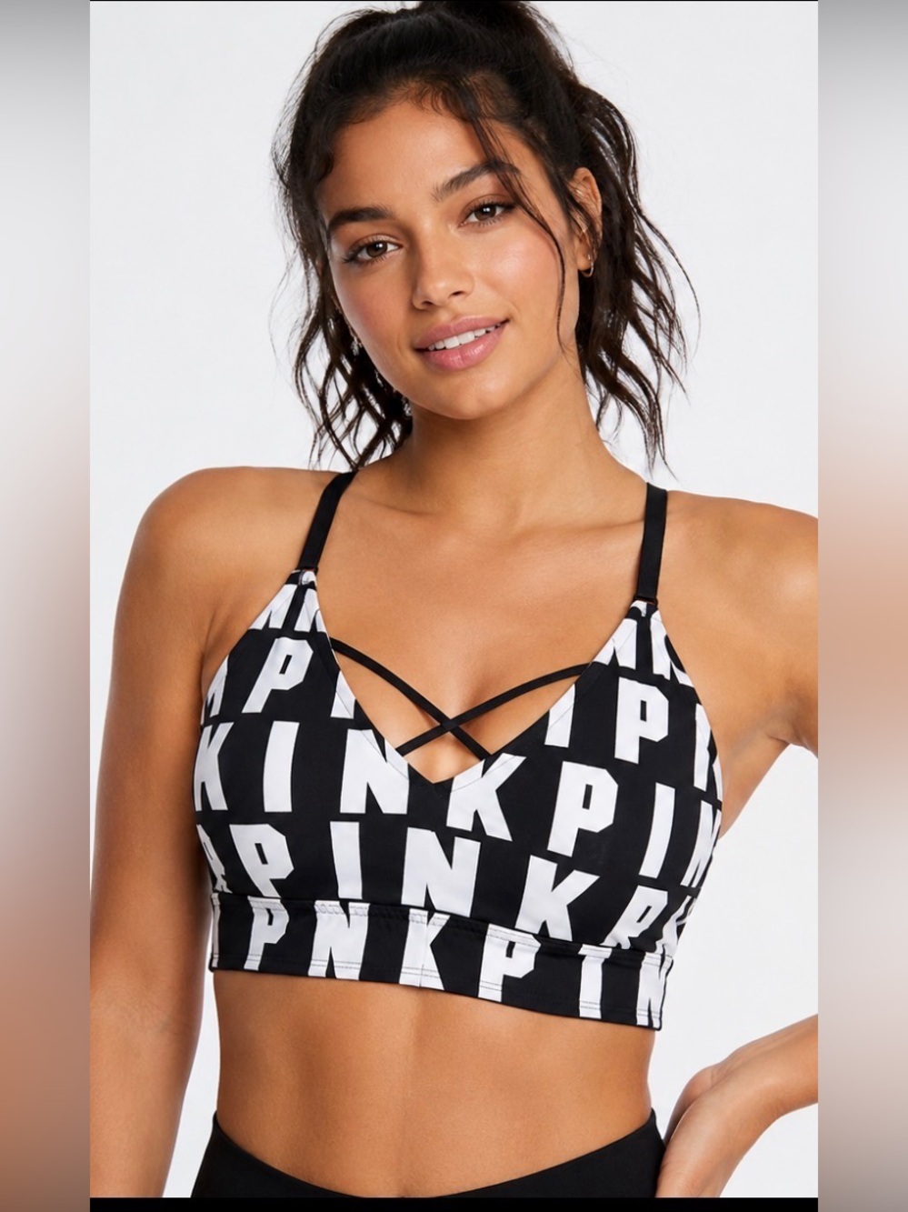 Victoria’s Secret PINK Ultimate Black White Logo Strappy Sports Bra Size Large